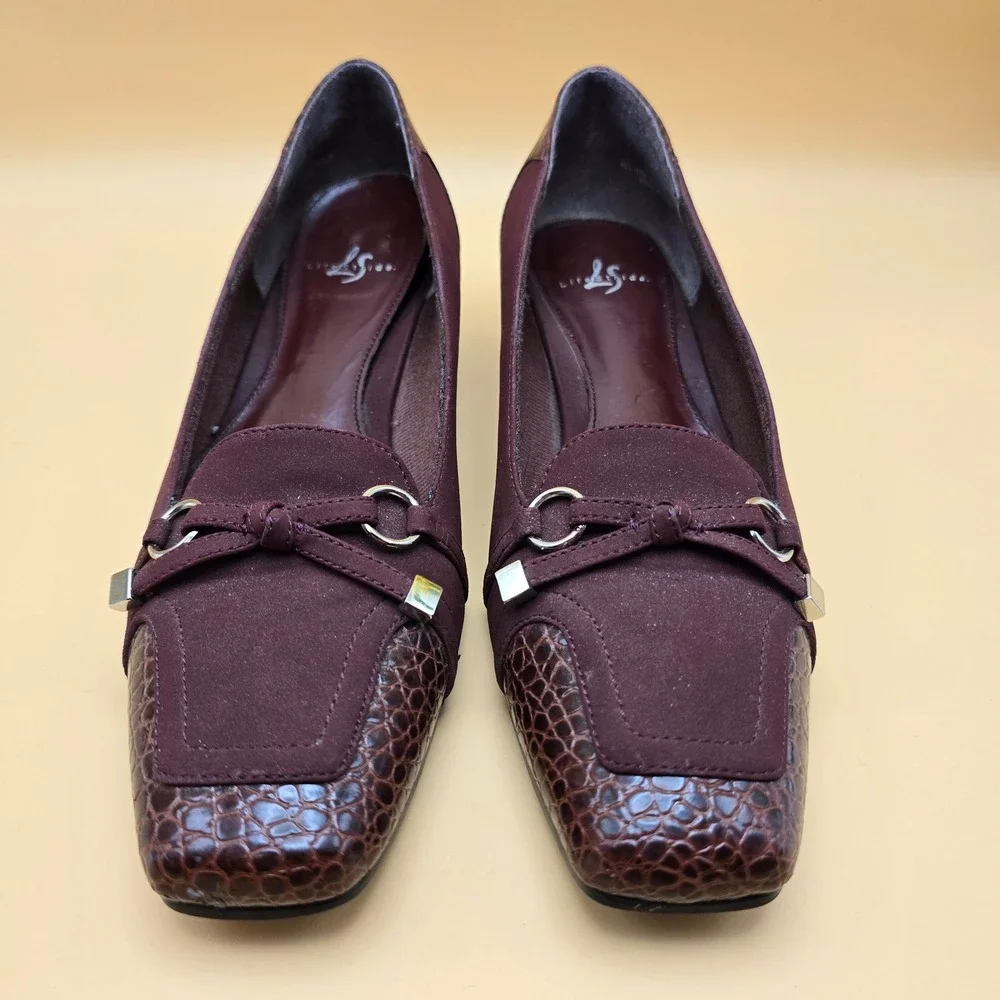 LifeStride Lure Burgundy Faux Croc Square Toe Low Block Heel Pumps Mens 8N